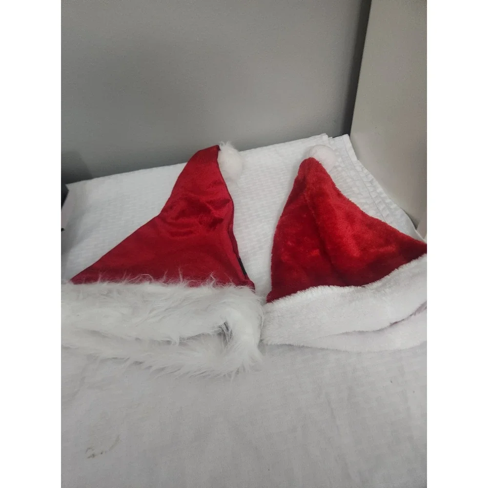 Set of 2 Christmas Santa Hats Red Plush Faux Fur Holiday Party Costume Accessory